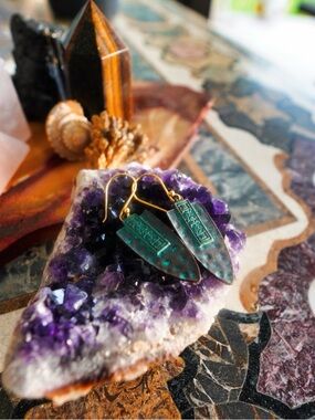 Artisan Verdigris Patina Shield Dangle Earrings - Hammered Metal Boho